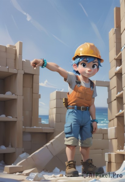 solo,looking at viewer,smile,short hair,shirt,1boy,hat,brown eyes,jewelry,closed mouth,blue hair,standing,full body,short sleeves,male focus,boots,outdoors,sky,shoes,shorts,day,belt,water,black eyes,bracelet,blue sky,ocean,brown footwear,helmet,denim,t-shirt,child,overalls,male child,blue eyes,snow,rock,hardhat