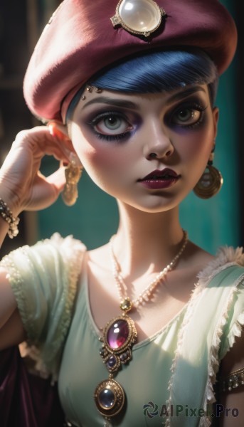 1girl,solo,breasts,looking at viewer,short hair,blue eyes,shirt,hat,dress,brown eyes,jewelry,closed mouth,blue hair,collarbone,upper body,short sleeves,earrings,small breasts,hand up,necklace,blurry,bracelet,lips,grey eyes,eyelashes,makeup,blurry background,heterochromia,beret,lipstick,gem,red headwear,eyeshadow,realistic,nose,red lips,eyeliner,mascara,green eyes,parted lips,teeth,piercing