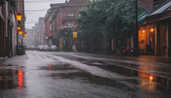 outdoors,sky,tree,no humans,window,ground vehicle,building,scenery,motor vehicle,reflection,rain,city,sign,fence,car,road,house,power lines,lamppost,street,bicycle,utility pole,road sign,puddle,traffic light,pavement,crosswalk,sidewalk,traffic cone,day,cloud