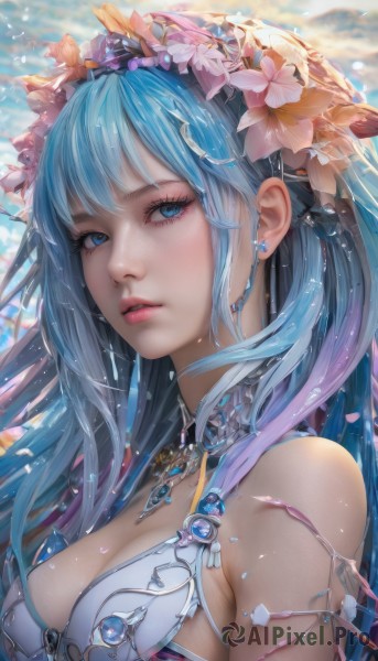 1girl,solo,long hair,breasts,looking at viewer,bangs,blue eyes,large breasts,hair ornament,cleavage,bare shoulders,jewelry,medium breasts,closed mouth,blue hair,swimsuit,upper body,flower,bikini,earrings,outdoors,parted lips,sky,day,artist name,hair flower,necklace,blurry,from side,lips,eyelashes,blurry background,white bikini,gem,pink flower,pink lips,realistic,nose,head wreath,multicolored hair,teeth,shiny,water,shiny hair,petals