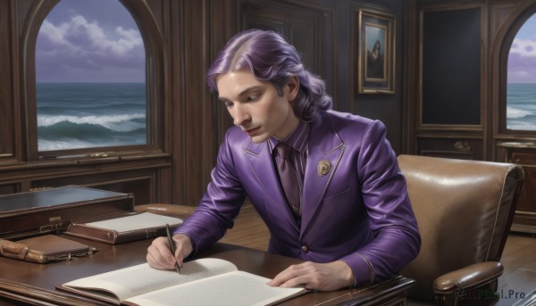 solo,long hair,shirt,long sleeves,1boy,holding,sitting,closed mouth,jacket,upper body,weapon,purple hair,grey hair,male focus,necktie,sky,collared shirt,cloud,indoors,water,book,window,buttons,ocean,chair,beach,formal,table,suit,black necktie,curly hair,paper,realistic,horizon,purple shirt,pen,purple jacket,waves,purple necktie,holding pen,painting (object),writing,quill,nib pen (object),1girl,striped,signature,freckles,open book,pencil