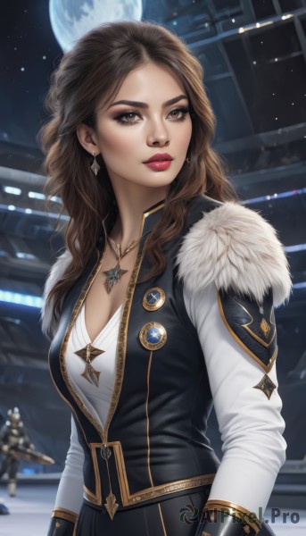 1girl,solo,long hair,breasts,looking at viewer,brown hair,shirt,long sleeves,cleavage,brown eyes,jewelry,medium breasts,jacket,white shirt,upper body,weapon,earrings,sky,solo focus,necklace,blurry,vest,lips,gun,fur trim,makeup,night,blurry background,wavy hair,moon,lipstick,star (sky),night sky,full moon,pendant,zipper,science fiction,realistic,nose,red lips,space,planet,earth (planet),spacecraft,star (symbol),parted bangs,eyelashes,eyeshadow,starry sky,badge