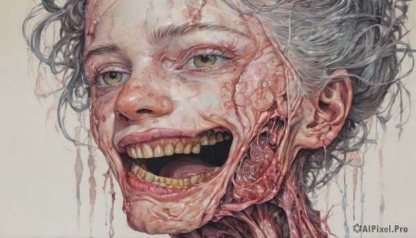 1girl,solo,looking at viewer,short hair,open mouth,simple background,1boy,white background,brown eyes,yellow eyes,grey hair,male focus,teeth,tongue,blood,portrait,freckles,veins,realistic,horror (theme),smile,black hair,eyelashes,heterochromia,traditional media