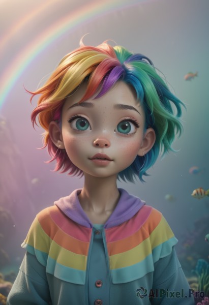 1girl,solo,looking at viewer,smile,short hair,bangs,blue eyes,blonde hair,jewelry,green eyes,blue hair,collarbone,upper body,pink hair,purple hair,multicolored hair,earrings,outdoors,parted lips,green hair,teeth,artist name,signature,water,blurry,two-tone hair,aqua eyes,lips,streaked hair,eyelashes,buttons,depth of field,blurry background,animal,watermark,sunlight,child,web address,multicolored clothes,personification,freckles,fish,realistic,nose,female child,rainbow,multicolored jacket,colorful,goldfish,deviantart username,rainbow gradient,rainbow hair,multicolored stripes,red hair,underwater