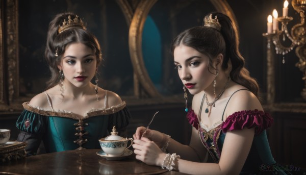 long hair,breasts,looking at viewer,multiple girls,brown hair,black hair,hair ornament,dress,holding,2girls,cleavage,bare shoulders,jewelry,sitting,collarbone,ponytail,earrings,indoors,necklace,off shoulder,blurry,bracelet,cup,lips,makeup,siblings,table,tiara,crown,lipstick,reflection,teacup,mirror,realistic,spoon,red lips,candle,teapot,tea,saucer,candlestand,smile,brown eyes,medium breasts,puffy sleeves,blue dress,gem