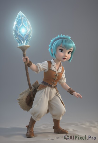 1girl,solo,smile,short hair,holding,brown eyes,jewelry,blue hair,standing,full body,weapon,hairband,boots,belt,pants,vest,bracelet,lips,aqua hair,glowing,brown footwear,staff,broom,magic,brown vest,lalafell,1boy,male focus,ocean