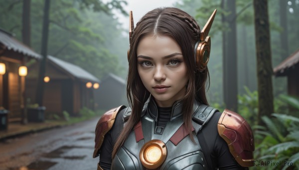 1girl,solo,long hair,looking at viewer,smile,brown hair,brown eyes,upper body,braid,outdoors,parted lips,day,artist name,armor,mole,blurry,tree,lips,bodysuit,depth of field,blurry background,headgear,headphones,facial mark,shoulder armor,portrait,forehead,freckles,pauldrons,breastplate,realistic,nose,shoulder pads,closed mouth,plant,nature,forest,architecture,east asian architecture