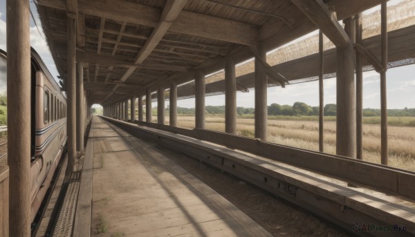 outdoors,sky,day,cloud,tree,blue sky,no humans,shadow,sunlight,cloudy sky,grass,ground vehicle,scenery,motor vehicle,road,bench,bridge,train station,railroad tracks,building,mountain,landscape