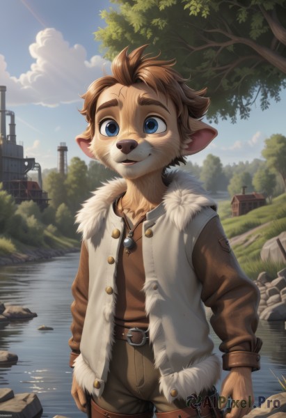 solo,looking at viewer,smile,short hair,open mouth,blue eyes,brown hair,shirt,long sleeves,1boy,animal ears,jewelry,standing,collarbone,jacket,tail,male focus,cowboy shot,outdoors,open clothes,sky,day,belt,pants,cloud,water,necklace,vest,open jacket,tree,blue sky,fur trim,sunlight,grass,building,furry,brown jacket,rock,fur-trimmed jacket,furry male,brown shirt,male child,body fur,brown pants,house,white fur,animal nose,river,brown vest,snout,lake,brown fur,lion boy,artist name,thick eyebrows,nature,brown belt,bush,ruins,stream