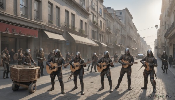 holding,standing,weapon,outdoors,multiple boys,day,sword,mask,shadow,ground vehicle,building,instrument,motor vehicle,science fiction,6+boys,city,sign,music,guitar,car,road,playing instrument,holding instrument,power lines,street,electric guitar,drum,6+others,1girl,jacket,boots,pants,hood,helmet,scenery,lamppost,crowd