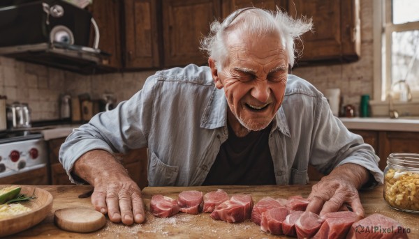 solo,smile,open mouth,shirt,1boy,jacket,closed eyes,upper body,white hair,male focus,food,open clothes,teeth,indoors,blurry,black shirt,window,blurry background,facial hair,facing viewer,beard,plate,realistic,bald,bread,old,old man,meat,kitchen,wrinkled skin,steak,white shirt,collared shirt,artist name,grin,dress shirt,fruit,depth of field,watermark,bottle,web address,sleeves rolled up,mustache,arm hair,old woman,onion