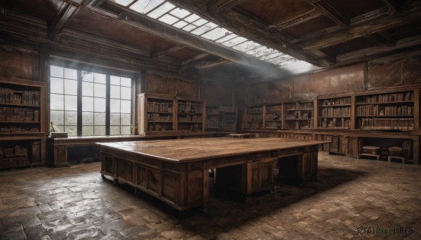 day,indoors,book,no humans,window,chair,table,sunlight,plant,scenery,light rays,wooden floor,bookshelf,sunbeam,shelf,library,desk