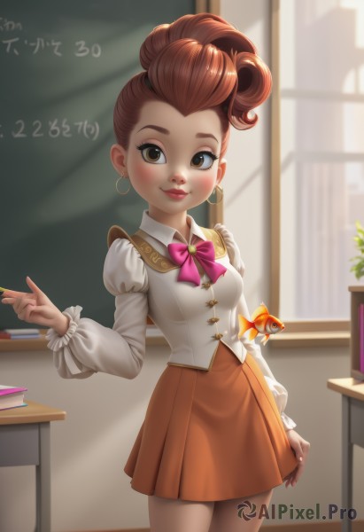 1girl,solo,breasts,looking at viewer,blush,smile,short hair,skirt,brown hair,shirt,long sleeves,bow,holding,brown eyes,jewelry,closed mouth,school uniform,standing,white shirt,cowboy shot,pleated skirt,earrings,small breasts,day,puffy sleeves,artist name,indoors,miniskirt,bowtie,hair bun,nail polish,lips,book,window,makeup,sunlight,plant,lipstick,pink bow,juliet sleeves,forehead,desk,hoop earrings,classroom,school desk,orange skirt,chalkboard,hair pulled back,pink bowtie,dated,freckles,fish,brown skirt