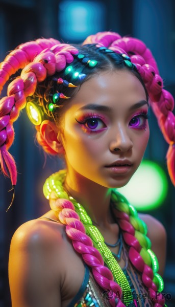 1girl,solo,long hair,looking at viewer,black hair,hair ornament,bare shoulders,jewelry,closed mouth,purple eyes,upper body,pink hair,purple hair,braid,multicolored hair,sleeveless,hairclip,shiny,artist name,dark skin,necklace,blurry,twin braids,two-tone hair,dark-skinned female,lips,eyelashes,makeup,depth of field,blurry background,watermark,thick eyebrows,lipstick,web address,forehead,eyeshadow,beads,pink lips,realistic,nose,eyeliner,very dark skin,mascara,hair beads,dreadlocks,multiple braids,breasts,collarbone,flower,small breasts,hair flower,mole,shiny hair,shiny skin,mole under eye,gradient hair,tank top,gem,hair over shoulder,multicolored clothes,purple lips