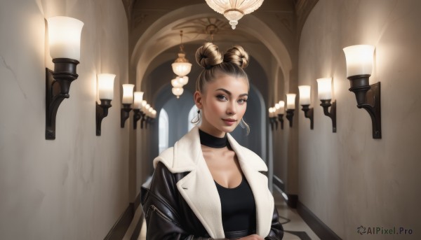 1girl,solo,breasts,looking at viewer,smile,short hair,brown hair,black hair,cleavage,brown eyes,jewelry,medium breasts,closed mouth,collarbone,jacket,upper body,earrings,open clothes,choker,indoors,hair bun,open jacket,lips,black jacket,black shirt,double bun,makeup,black choker,single hair bun,forehead,hoop earrings,realistic,nose,candle,leather,leather jacket,light bulb,large breasts,shirt,multicolored hair,two-tone hair,dark-skinned female,coat,crossed arms,thick eyebrows,lipstick,eyeshadow,open coat,stairs,chandelier