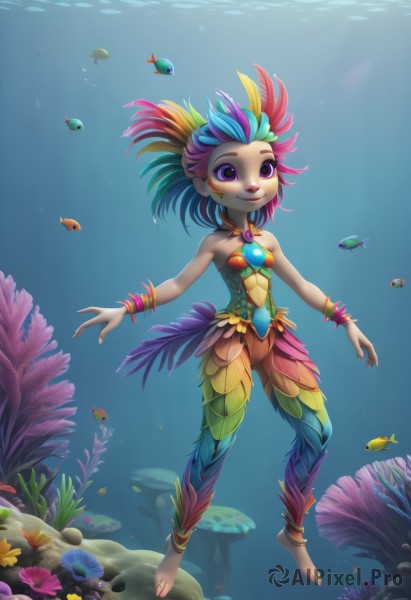 1girl,solo,breasts,smile,short hair,bare shoulders,jewelry,blue hair,purple eyes,full body,pink hair,purple hair,flower,multicolored hair,small breasts,barefoot,pussy,artist name,signature,water,bracelet,makeup,colored skin,animal,sunlight,feathers,plant,monster girl,gem,furry,fish,bubble,toenails,light rays,underwater,anklet,furry female,air bubble,green skin,starfish,turtle,coral,seaweed,clownfish,blue eyes,blonde hair,teeth,two-tone hair,watermark,facial mark,web address,multicolored clothes,eyeshadow,shell,tribal,aquarium