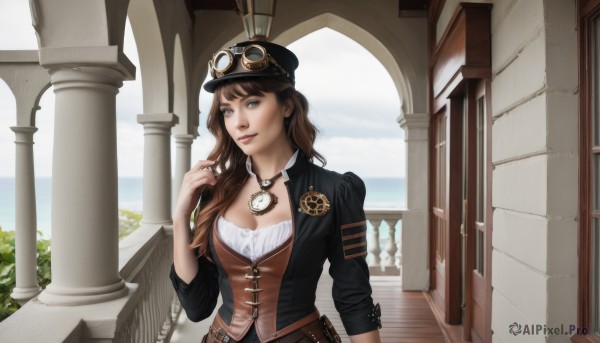 1girl,solo,long hair,breasts,looking at viewer,smile,blue eyes,brown hair,shirt,hat,cleavage,jewelry,medium breasts,jacket,upper body,outdoors,open clothes,sky,day,belt,cloud,necklace,open jacket,lips,black jacket,goggles,building,scenery,corset,pendant,sleeves rolled up,goggles on head,watch,stairs,railing,pillar,pocket watch,goggles on headwear,arch,column,steampunk,bangs,ocean,realistic,nose