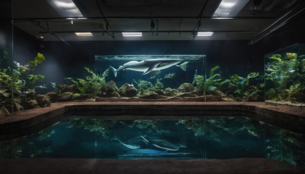 indoors,water,tree,no humans,plant,scenery,fish,rock,ruins,ceiling,shark,moss,whale,ceiling light,dolphin,animal,underwater,swimming,train station