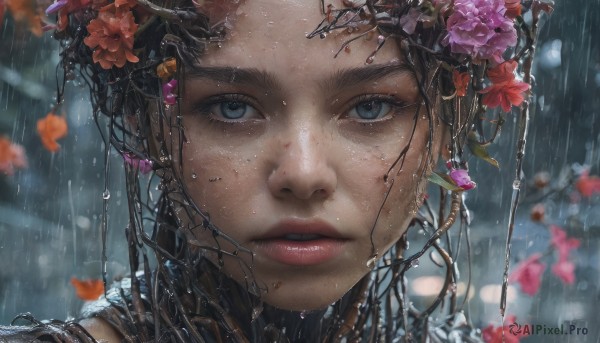 A stunning female within a vivid rainy outdoors