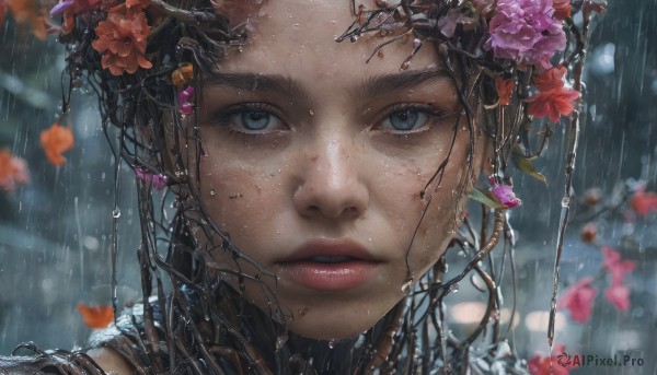 1girl, solo, looking at viewer, blue eyes, black hair, hair ornament, jewelry, flower, earrings, outdoors, parted lips, hair flower, blurry, lips, wet, depth of field, blurry background, red flower, portrait, close-up, freckles, rain, realistic, nose, wet hair