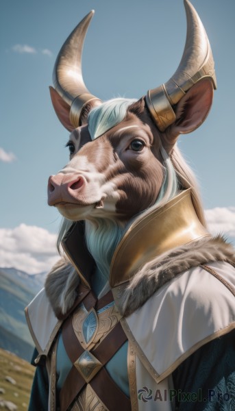 solo,long hair,looking at viewer,blue eyes,1boy,animal ears,jewelry,closed mouth,blue hair,upper body,white hair,male focus,outdoors,horns,sky,day,artist name,cloud,signature,blurry,blue sky,fur trim,facial hair,eyepatch,gem,beard,furry,mountain,furry male,armor,black eyes,animal,fangs,helmet,realistic,fake horns,tusks