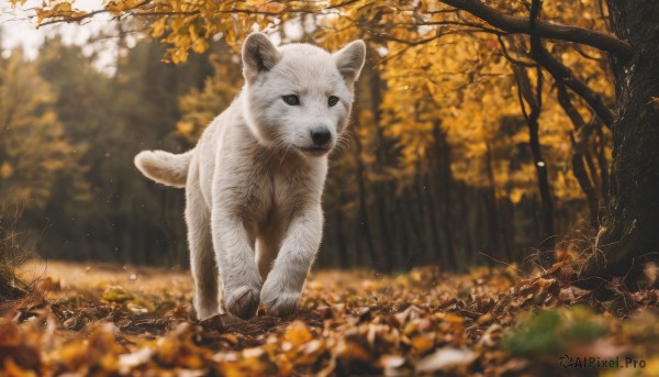 solo,looking at viewer,full body,outdoors,day,blurry,black eyes,tree,no humans,depth of field,blurry background,animal,leaf,cat,nature,scenery,forest,blurry foreground,realistic,branch,autumn leaves,animal focus,autumn,signature