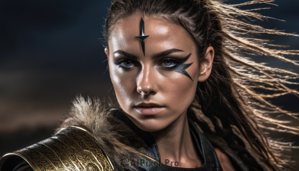 1girl,solo,long hair,looking at viewer,brown hair,black hair,brown eyes,closed mouth,braid,signature,armor,blurry,black eyes,lips,grey eyes,makeup,blurry background,facial mark,shoulder armor,portrait,forehead mark,realistic,nose,facepaint,fur trim,eyelashes,freckles