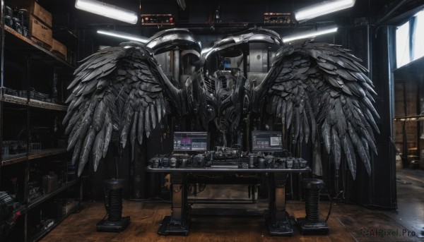 standing,wings,indoors,black footwear,no humans,window,table,bottle,robot,scenery,feathered wings,science fiction,realistic,cable,computer,stool,box