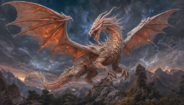 open mouth,tail,outdoors,wings,horns,sky,teeth,cloud,tree,no humans,night,cloudy sky,sharp teeth,star (sky),scenery,claws,flying,monster,mountain,fantasy,dragon,electricity,scales,lightning,red eyes,glowing,nature,night sky,forest,starry sky,landscape