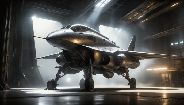 HQ,indoors,signature,military,no humans,window,robot,mecha,flying,science fiction,realistic,aircraft,military vehicle,airplane,vehicle focus,spacecraft,lights,jet,fighter jet,cockpit