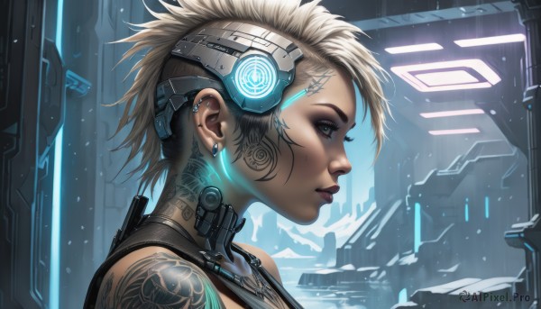 1girl,solo,short hair,blue eyes,blonde hair,jewelry,upper body,earrings,necklace,from side,lips,eyelashes,tattoo,profile,makeup,glowing,headgear,piercing,ear piercing,portrait,science fiction,rain,nose,stud earrings,cable,arm tattoo,shoulder tattoo,undercut,facial tattoo,cyborg,cyberpunk,hologram,looking at viewer,bare shoulders,dark skin,dark-skinned female,eyeshadow,realistic,very short hair,eyebrow piercing