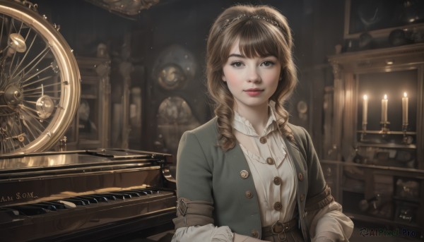 1girl,solo,long hair,looking at viewer,bangs,brown hair,shirt,long sleeves,brown eyes,jacket,white shirt,upper body,hairband,belt,artist name,indoors,blurry,lips,buttons,drill hair,instrument,curly hair,realistic,nose,clock,candle,piano,candlestand,steampunk,jewelry,parted lips,open clothes,signature,necklace,dated,blouse