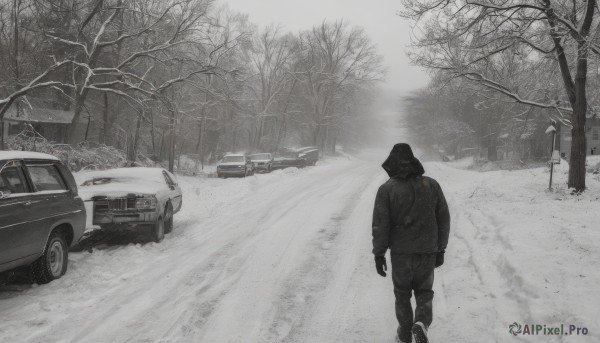 solo,gloves,long sleeves,1boy,jacket,monochrome,weapon,greyscale,male focus,outdoors,pants,hood,from behind,tree,gun,ground vehicle,nature,scenery,motor vehicle,snow,forest,walking,car,road,winter,vehicle focus,bare tree,ambiguous gender,footprints,boots,bag,backpack,1other,hood up,sign,truck,grey theme