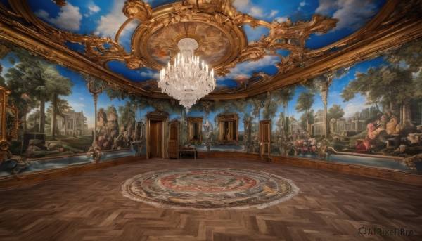 outdoors,sky,day,cloud,indoors,tree,blue sky,no humans,window,chair,table,plant,building,scenery,wooden floor,stairs,fantasy,architecture,pillar,statue,carpet,arch,rug,column,1girl,multiple girls,brown hair,sitting,multiple boys,book,cloudy sky,magic circle,ruins,throne