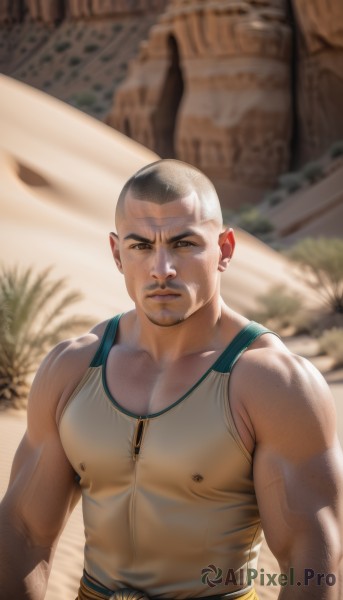 solo,looking at viewer,short hair,black hair,1boy,bare shoulders,brown eyes,closed mouth,nipples,upper body,male focus,outdoors,blurry,covered nipples,muscular,blurry background,facial hair,tank top,pectorals,muscular male,bara,beard,large pectorals,mature male,realistic,sand,stubble,bald,manly,white tank top,chest hair,desert,scar,very short hair