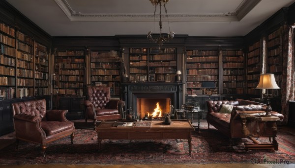 indoors,cup,pillow,book,no humans,window,bed,chair,table,bottle,fire,curtains,scenery,couch,wooden floor,open book,bookshelf,lamp,candle,shelf,book stack,armchair,carpet,candlestand,rug,cabinet,chandelier,fireplace,library,ceiling