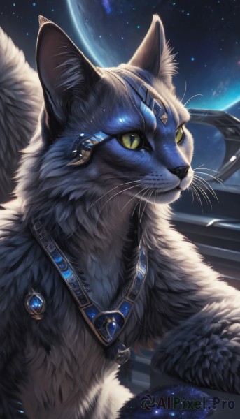 solo,looking at viewer,jewelry,green eyes,yellow eyes,upper body,wings,sky,artist name,signature,no humans,animal,cat,slit pupils,gem,star (sky),feathered wings,starry sky,colored sclera,circlet,space,animal focus,planet,whiskers,earth (planet),moon,realistic