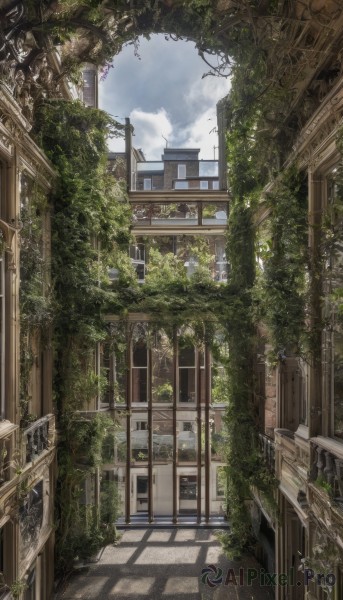 outdoors,sky,day,cloud,tree,blue sky,no humans,window,shadow,sunlight,cloudy sky,plant,building,scenery,stairs,door,railing,ruins,vines,arch,overgrown,broken window,city,house