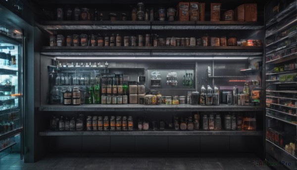 indoors,cup,no humans,bottle,scenery,alcohol,shelf,wine bottle,jar,shop,bar (place),counter,refrigerator,whiskey,food,english text,night,box,can,tiles,light,dark,tile floor