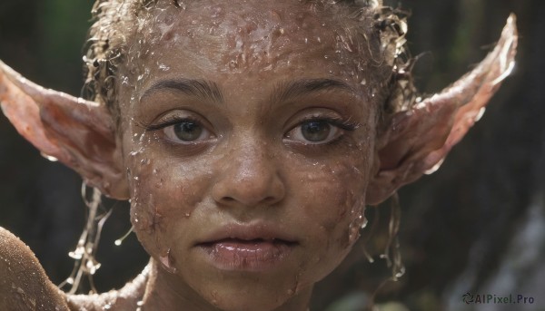 1girl,solo,looking at viewer,short hair,blonde hair,brown eyes,jewelry,closed mouth,braid,pointy ears,dark skin,water,blurry,lips,wet,grey eyes,depth of field,blurry background,elf,portrait,close-up,freckles,realistic,nose,wet hair,wings,eyelashes,sunlight