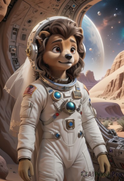 solo,smile,brown hair,gloves,1boy,animal ears,brown eyes,closed mouth,standing,male focus,cowboy shot,outdoors,sky,signature,moon,thick eyebrows,star (sky),veil,furry,1other,science fiction,space,furry male,planet,earth (planet),brown fur,american flag,spacecraft,spacesuit,lion,space helmet,astronaut,rock,realistic,flag,lion ears