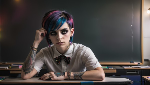 1girl,solo,looking at viewer,short hair,bangs,shirt,black hair,bow,brown eyes,jewelry,closed mouth,school uniform,blue hair,white shirt,upper body,pink hair,purple hair,short sleeves,multicolored hair,earrings,collared shirt,indoors,bowtie,nail polish,blurry,vest,bracelet,two-tone hair,lips,streaked hair,black bow,tattoo,makeup,blurry background,swept bangs,watermark,piercing,ring,ear piercing,black nails,desk,eyeshadow,sweater vest,realistic,nose,classroom,eyeliner,school desk,arm tattoo,pencil,chalkboard,mascara,neck tattoo,eraser,nose piercing,lip piercing,eyebrow piercing,artist name,hand up,phone,polka dot,web address,grey shirt,freckles,brown shirt,eyebrow cut