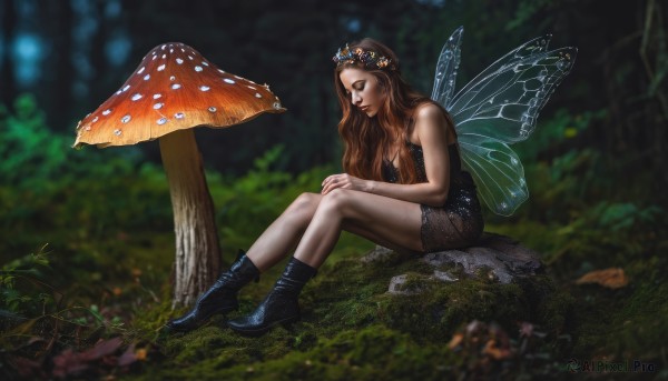 1girl,solo,long hair,breasts,brown hair,dress,cleavage,bare shoulders,sitting,closed eyes,flower,boots,outdoors,wings,pointy ears,black footwear,blurry,black dress,tree,strapless,depth of field,blurry background,grass,nature,strapless dress,forest,realistic,fairy wings,fairy,mushroom,butterfly wings,moss,medium breasts,tiara,crown