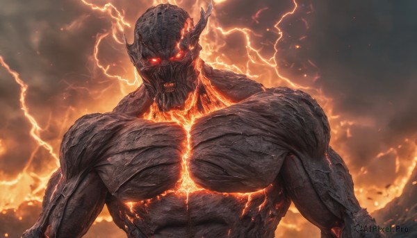 solo, looking at viewer, red eyes, 1boy, upper body, male focus, horns, teeth, muscular, glowing, glowing eyes, monster, electricity, scales, lightning, molten rock, kaijuu