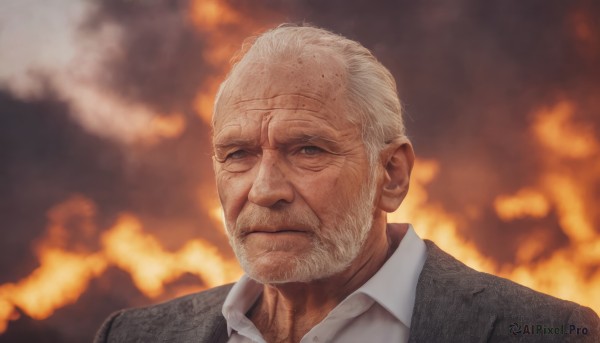 solo,looking at viewer,short hair,shirt,1boy,closed mouth,jacket,white shirt,upper body,white hair,male focus,collared shirt,blurry,black jacket,blurry background,facial hair,scar,formal,fire,portrait,beard,realistic,manly,old,old man,wrinkled skin,grey hair,cloud,grey eyes,cloudy sky,suit