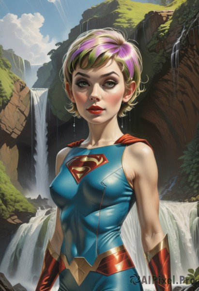 1girl,solo,breasts,looking at viewer,blush,short hair,blue eyes,blonde hair,gloves,bare shoulders,medium breasts,green eyes,purple hair,multicolored hair,small breasts,outdoors,sky,day,cloud,water,cape,covered nipples,two-tone hair,lips,bodysuit,covered navel,makeup,lipstick,skin tight,toned,realistic,red cape,red lips,animification,superhero,waterfall,blue bodysuit,green hair,belt,artist name