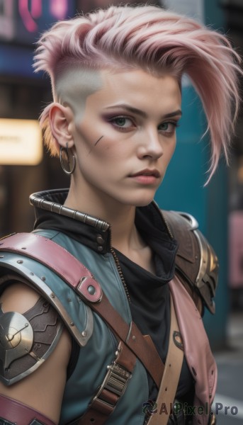 1girl,solo,looking at viewer,short hair,blonde hair,shirt,jewelry,closed mouth,green eyes,jacket,upper body,pink hair,multicolored hair,earrings,sleeveless,artist name,armor,blurry,vest,lips,black shirt,eyelashes,makeup,blurry background,scar,piercing,shoulder armor,scar on face,eyeshadow,freckles,asymmetrical hair,hoop earrings,realistic,nose,eyeliner,very short hair,undercut,strap,mascara,mohawk,denim jacket,open clothes,tattoo,scar across eye,facepaint,shoulder pads,facial tattoo