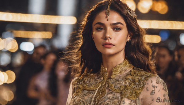 1girl,solo,long hair,looking at viewer,brown hair,hair ornament,dress,brown eyes,jewelry,closed mouth,upper body,earrings,solo focus,blurry,lips,depth of field,blurry background,expressionless,chinese clothes,portrait,realistic,nose,bokeh,blue eyes,makeup,gold trim