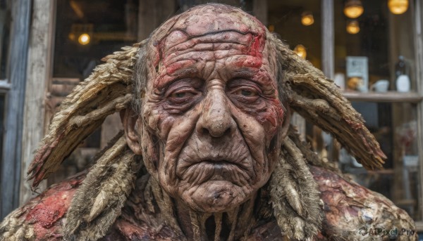 solo,looking at viewer,1boy,closed mouth,male focus,indoors,blurry,no humans,blurry background,portrait,veins,monster,realistic,bald,old,old man,alien,horror (theme),wrinkled skin,horns,black eyes,blood,depth of field,facial hair