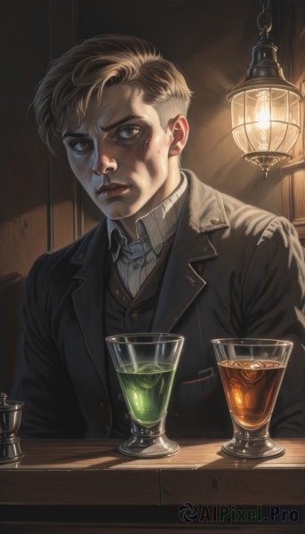 solo,looking at viewer,short hair,blonde hair,brown hair,shirt,1boy,brown eyes,sitting,jacket,upper body,male focus,parted lips,necktie,striped,collared shirt,indoors,vest,cup,lips,black jacket,blood,formal,table,suit,drinking glass,ice,striped shirt,realistic,drink,glass,light,lamp,ice cube,long sleeves,closed mouth,white shirt,dress shirt,blood on face